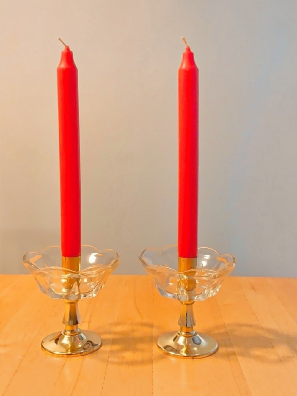 Set of 2 Brass and Glass Candlesticks